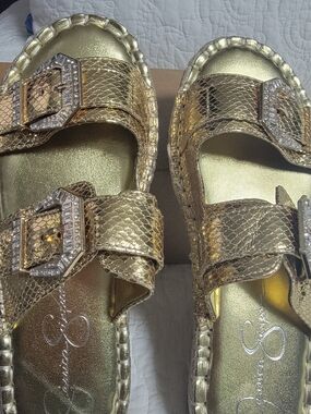 Jessica Simpson Metallic Gold Jeweled Buckle Slide Sandals